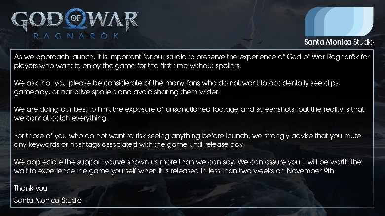 Santa Monica Studio's statement on the recent God of Ward Ragnarok spoilers