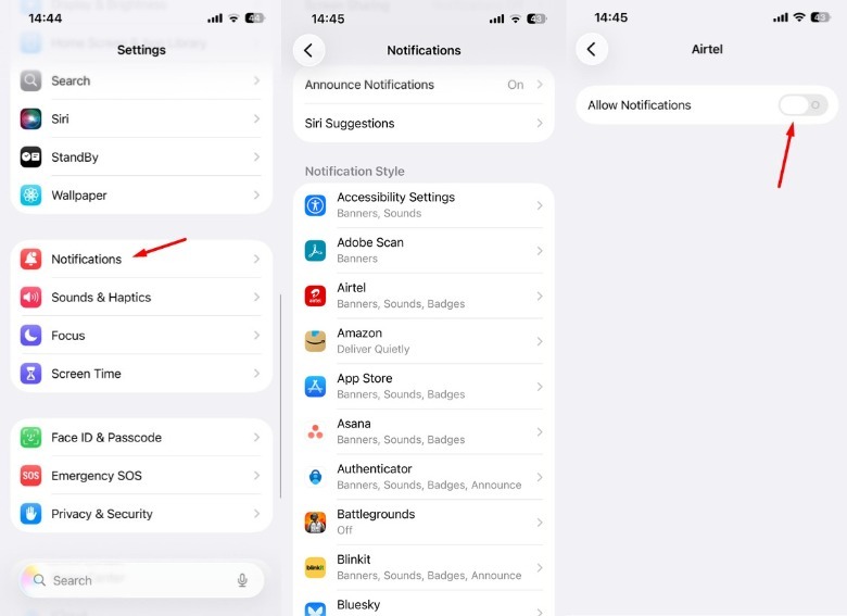 Step-by-step instructions to turn off app notifications on an iPhone.