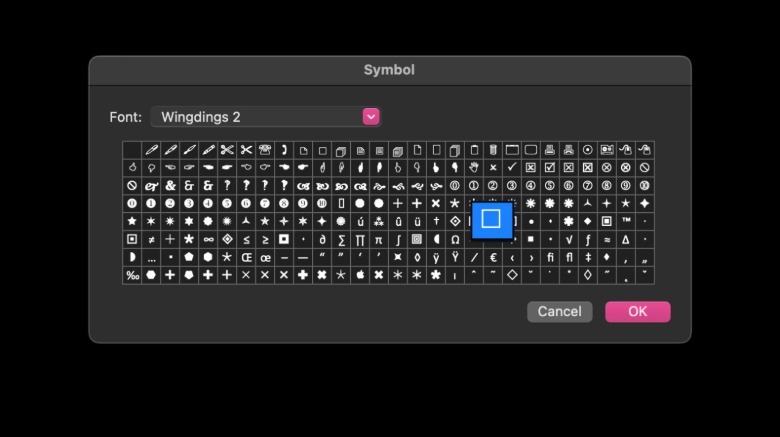 Symbol window in macOS