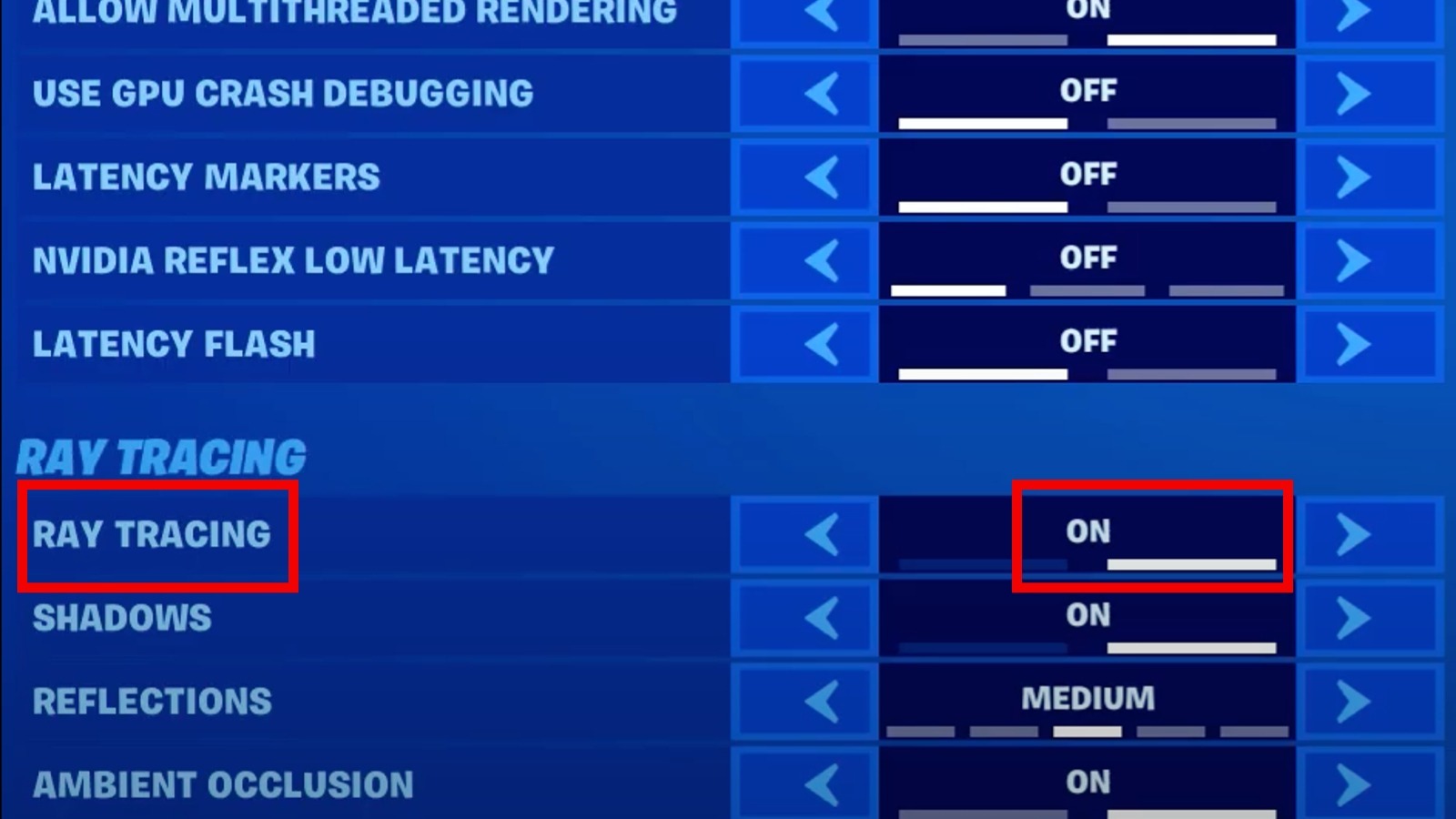 Fortnite ray tracing settings screenshot