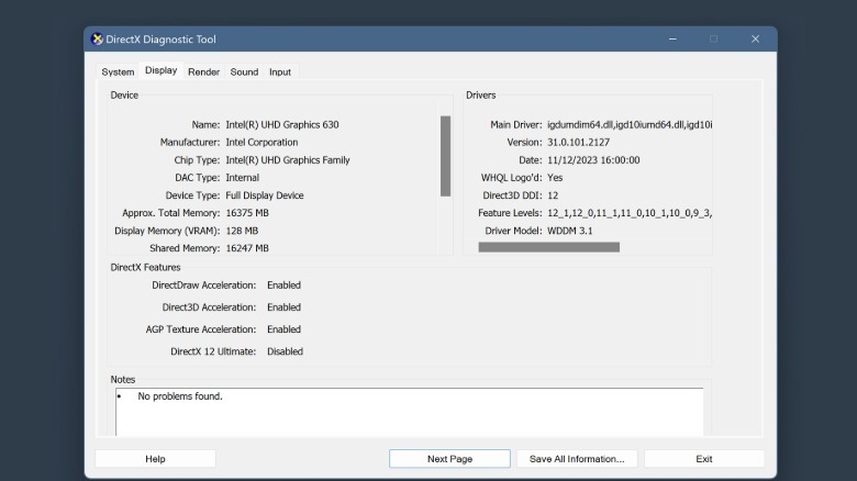 Windows laptop's DrectX Diagnostic Tool window showing Display tab