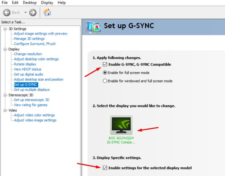 G-SYNC settings in the NVIDIA Control Panel.
