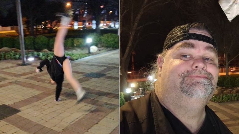 Woman doing a cartwheel and man taking a selfie