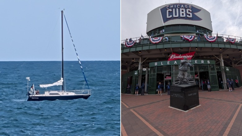 Photos of a boat and Wrigley Field