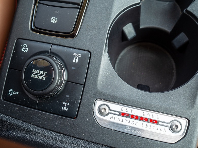 2023 Ford Bronco Sport Heritage Limited center console plaque and G.O.A.T. Modes dial