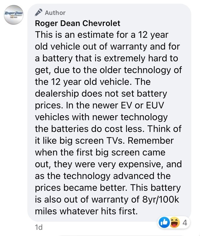 Roger Dean Chevrolet comment on Facebook