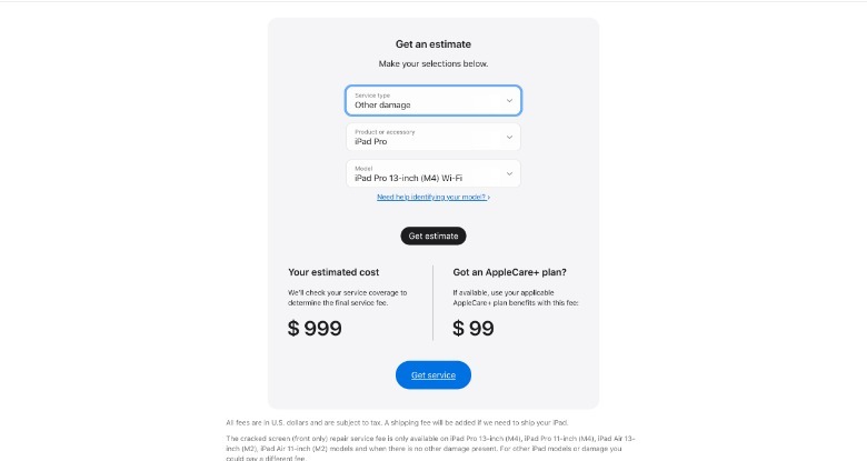 iPad damage repair estimate for iPad Pro 13-inch (M4)