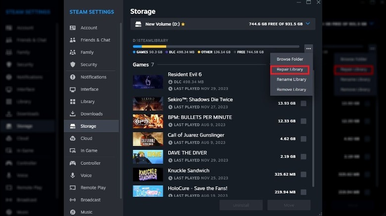 Steam Storage settings