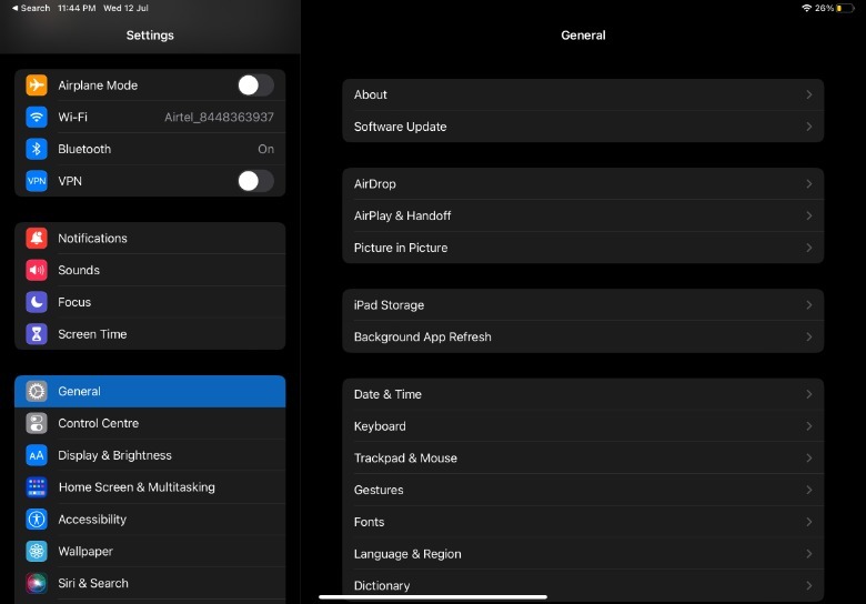 Settings page on iPadOS